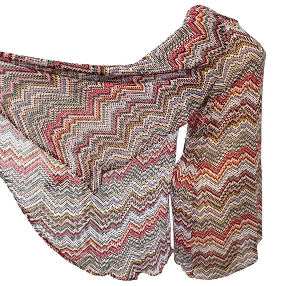 Stella Cruz Pink Multicolored Sheer Chevron Blouse‎ Kimono Flare Sleeve Cover-Up
